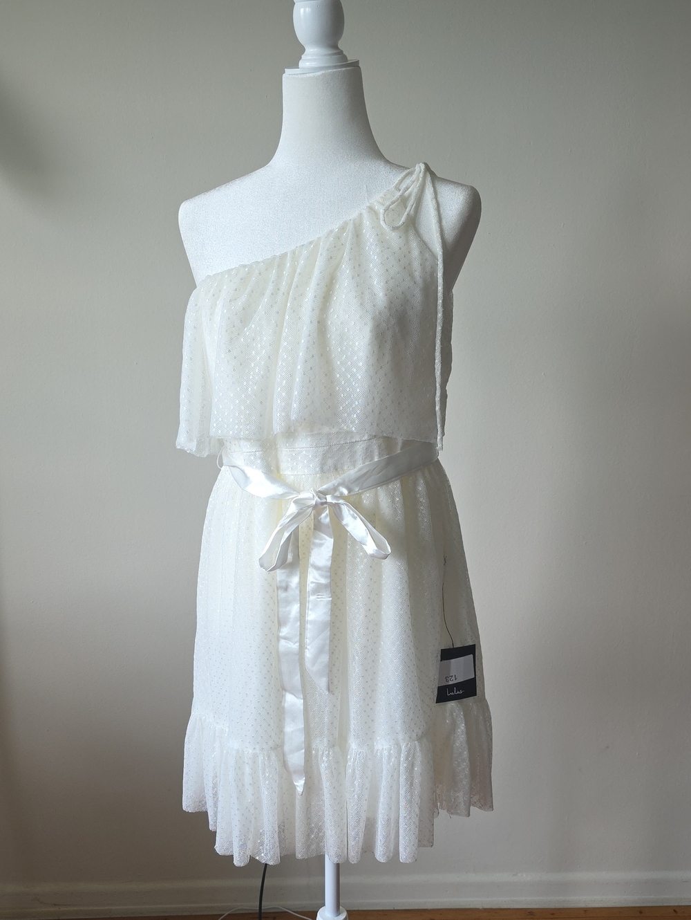 Lulu's One-Shoulder Cream Polka Dot Chiffon Dress with Satin Tie